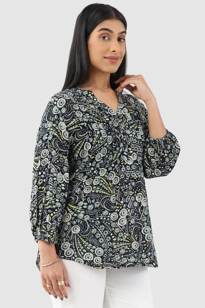Black Printed Rayon Moss Top with Mandarin Collar