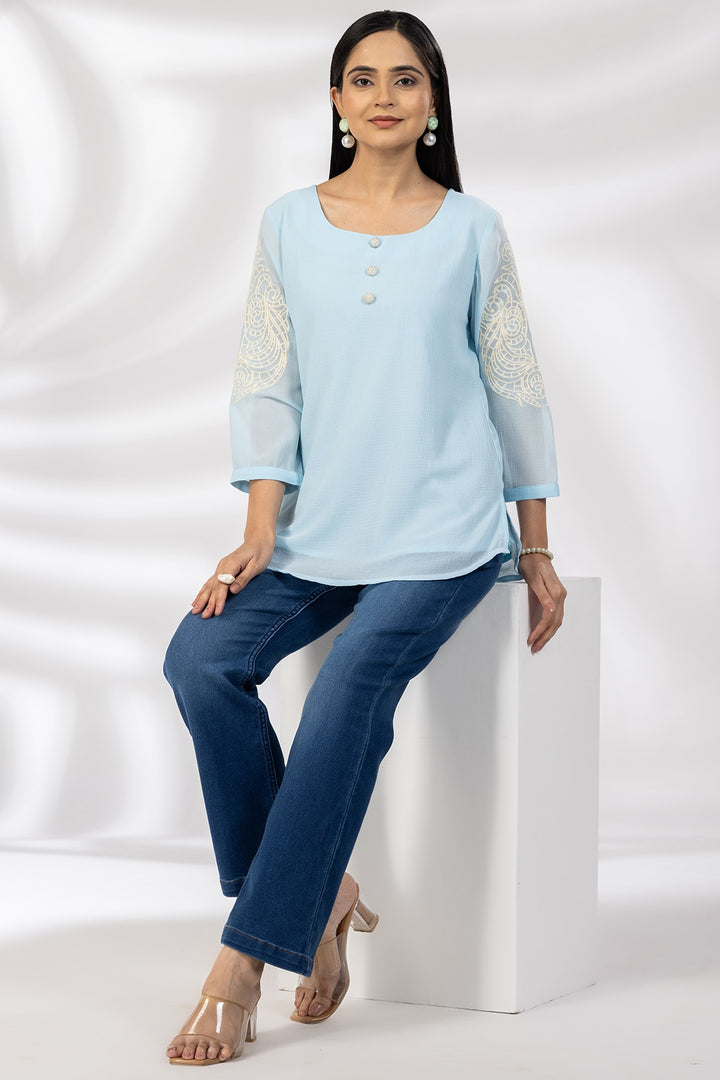 Blue Marble Chiffon Casual Top with Square Neck