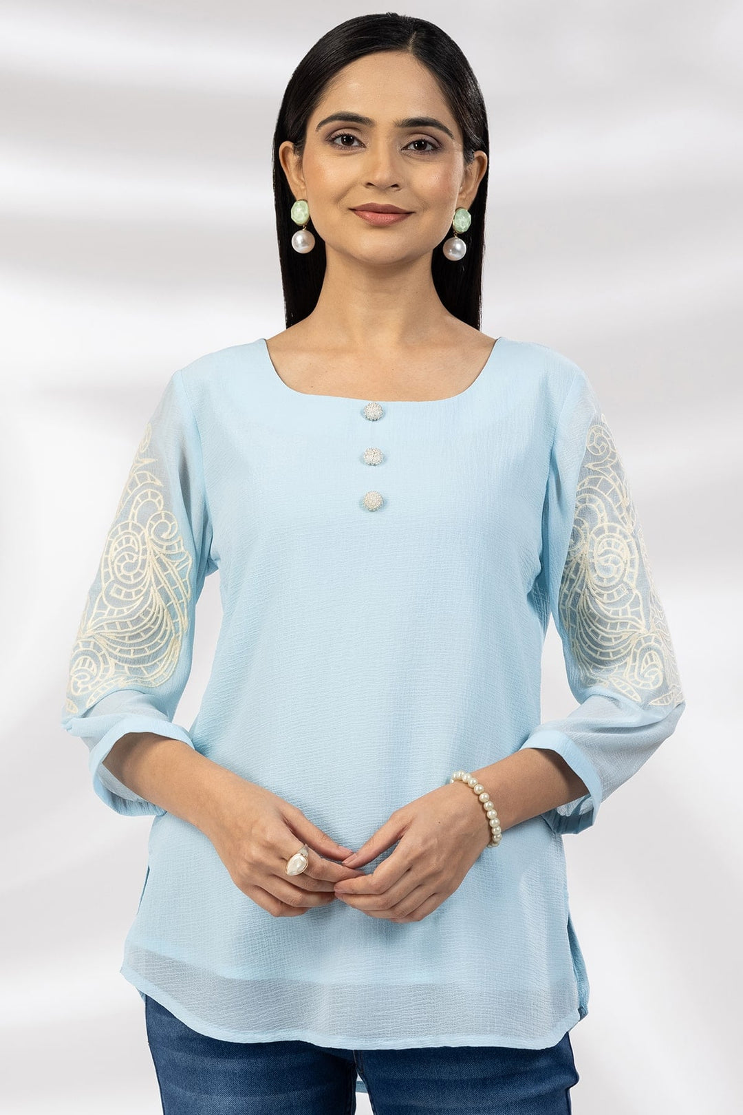 Blue Marble Chiffon Casual Top with Square Neck