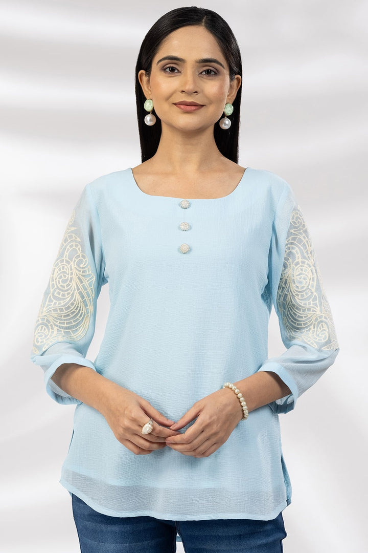 Blue Marble Chiffon Casual Top with Square Neck