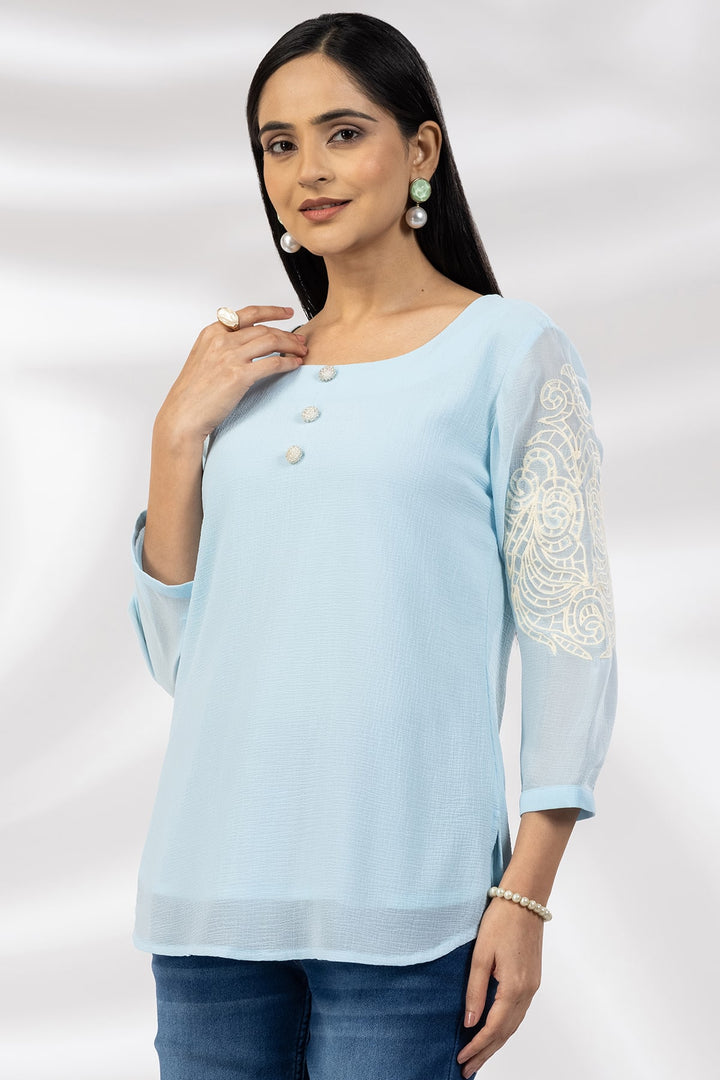 Blue Marble Chiffon Casual Top with Square Neck