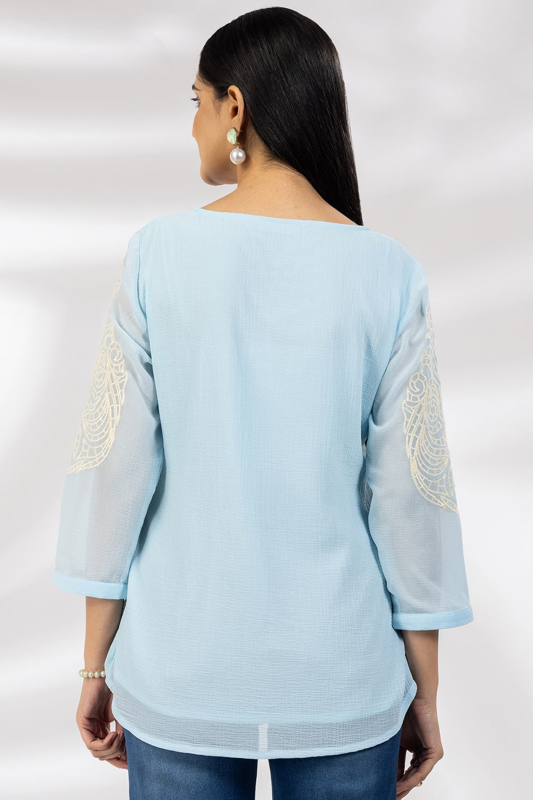 Blue Marble Chiffon Casual Top with Square Neck