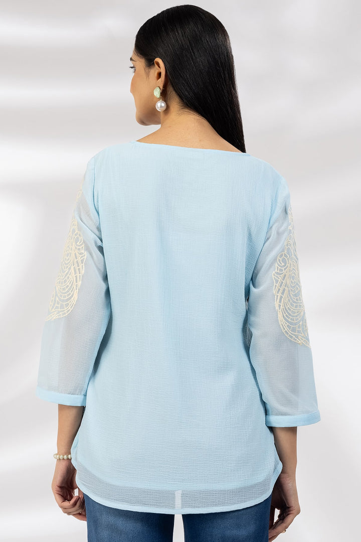 Blue Marble Chiffon Casual Top with Square Neck