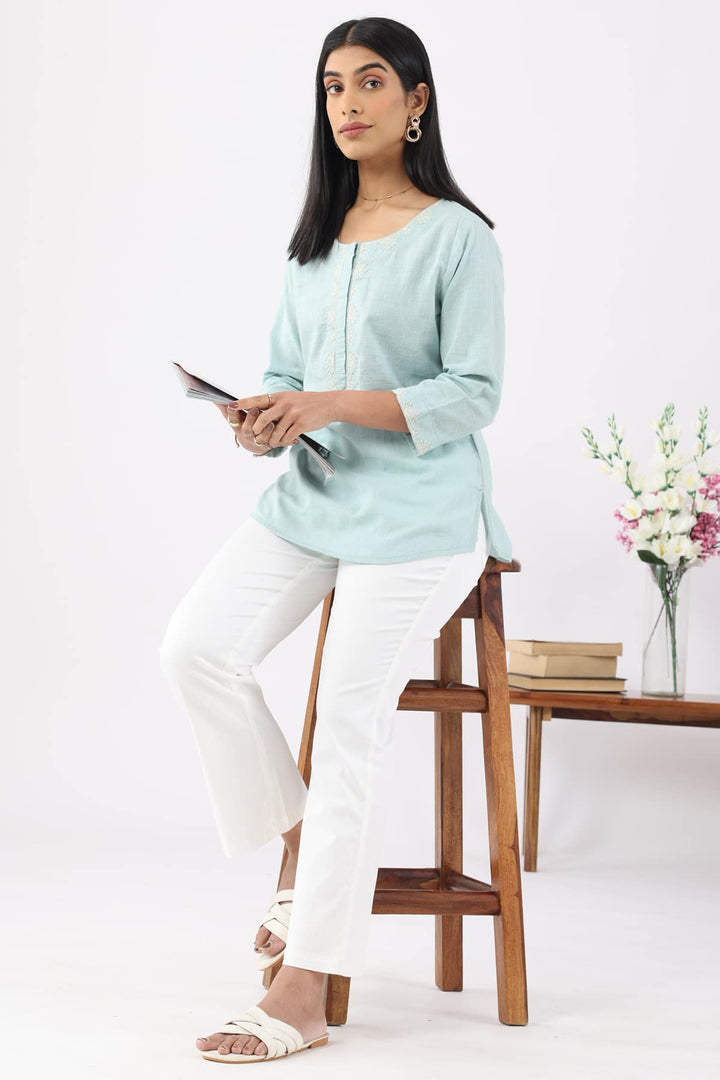 Aqua Blue Embroidered Cotton Slub Top