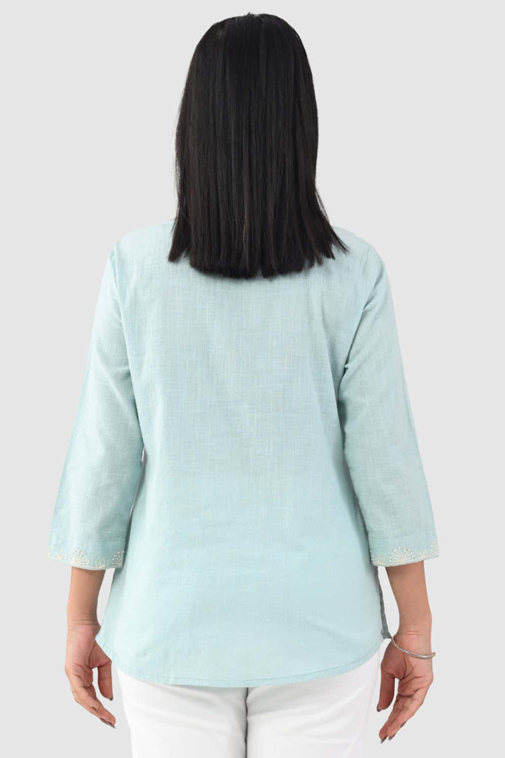 Aqua Blue Embroidered Cotton Slub Top