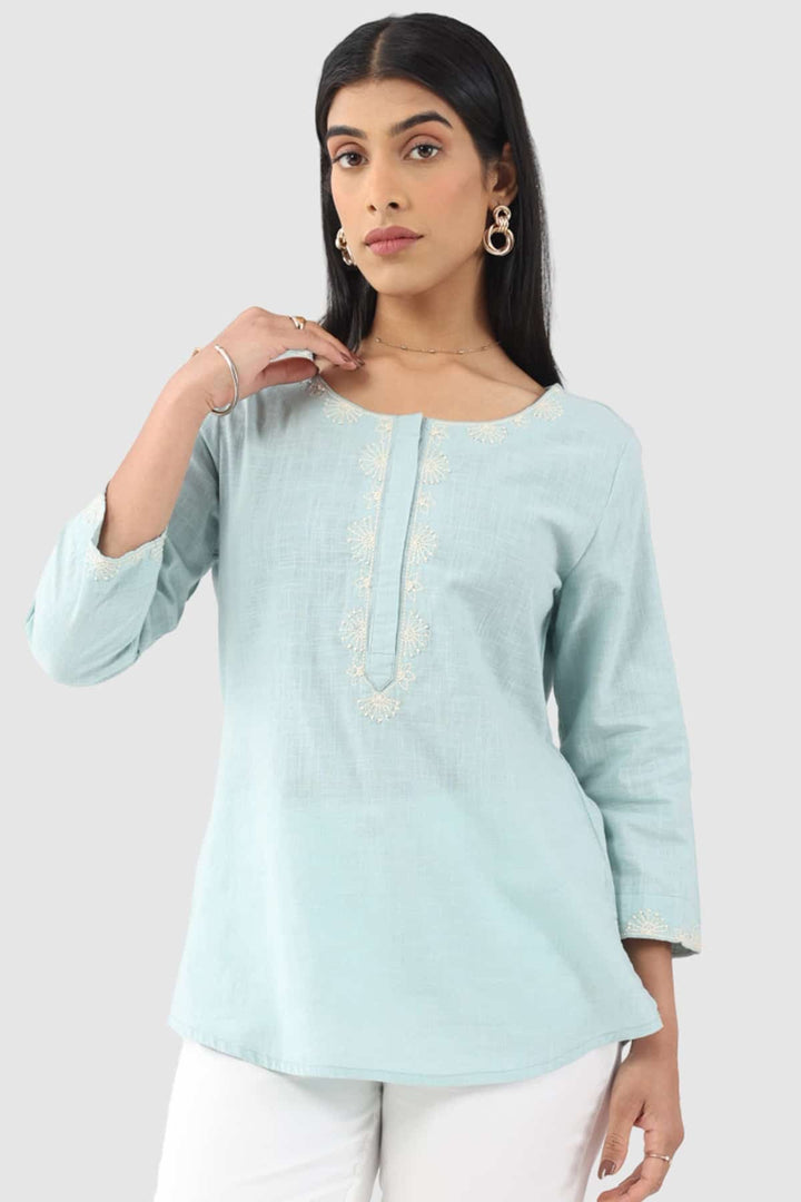 Aqua Blue Embroidered Cotton Slub Top