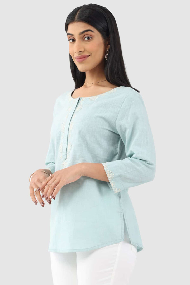 Aqua Blue Embroidered Cotton Slub Top