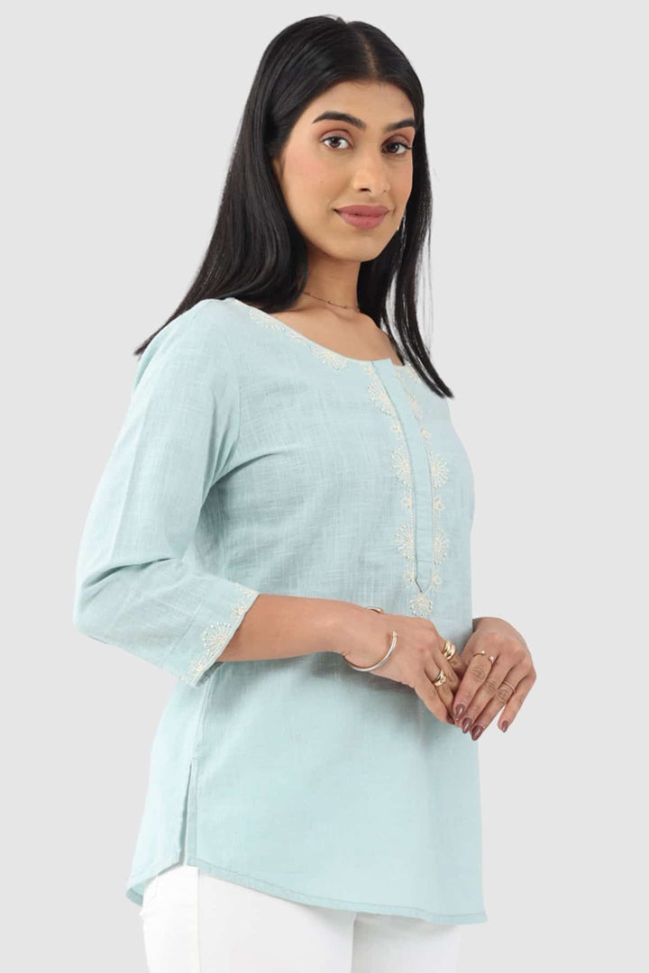 Aqua Blue Embroidered Cotton Slub Top