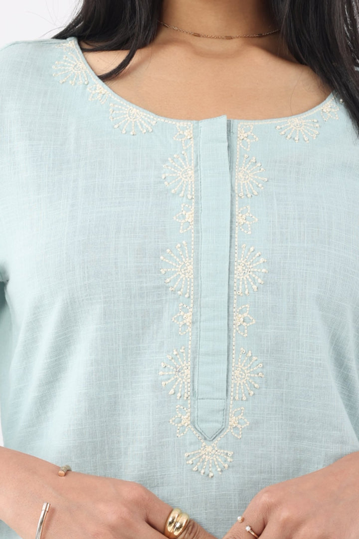 Aqua Blue Embroidered Cotton Slub Top