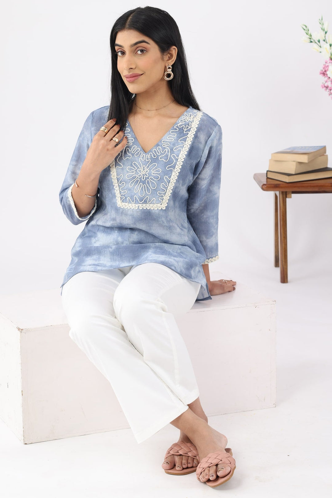 Grey Embroidered Crepe Viscose Top