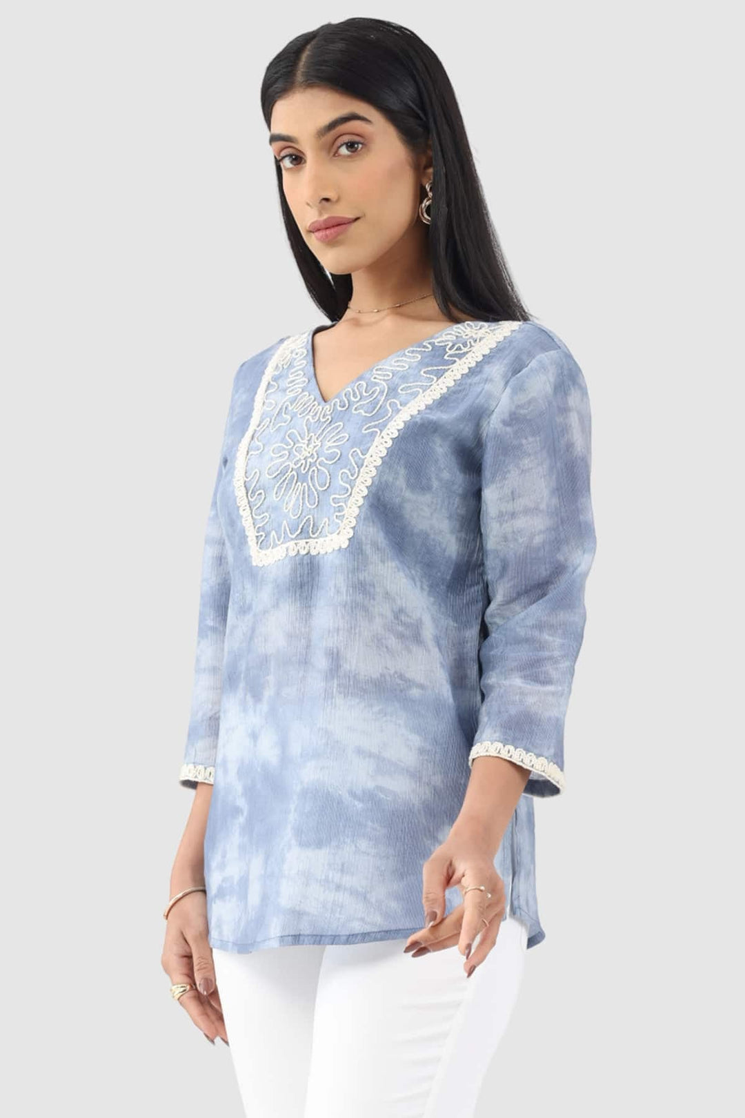 Grey Embroidered Crepe Viscose Top