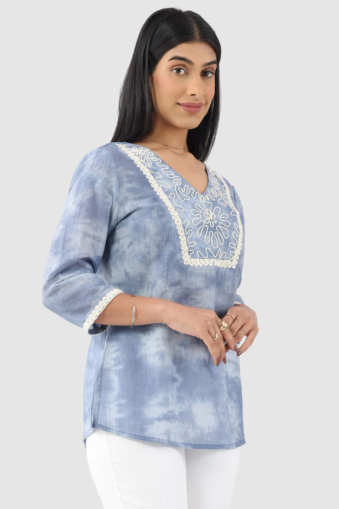 Grey Embroidered Crepe Viscose Top