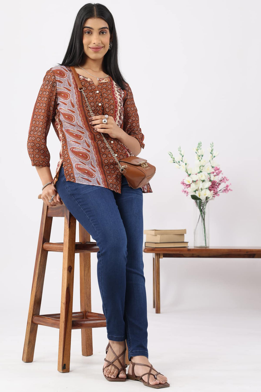 Brown Printed Chiffon Shirt