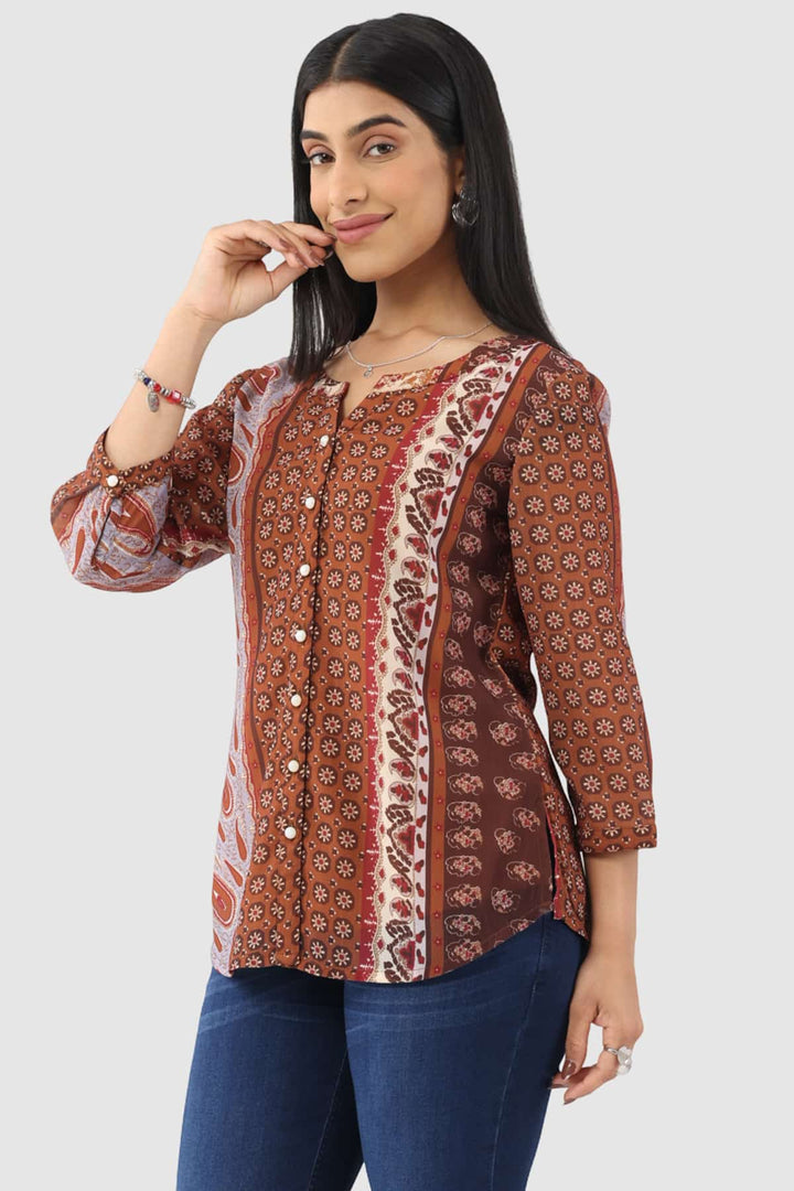 Brown Printed Chiffon Shirt