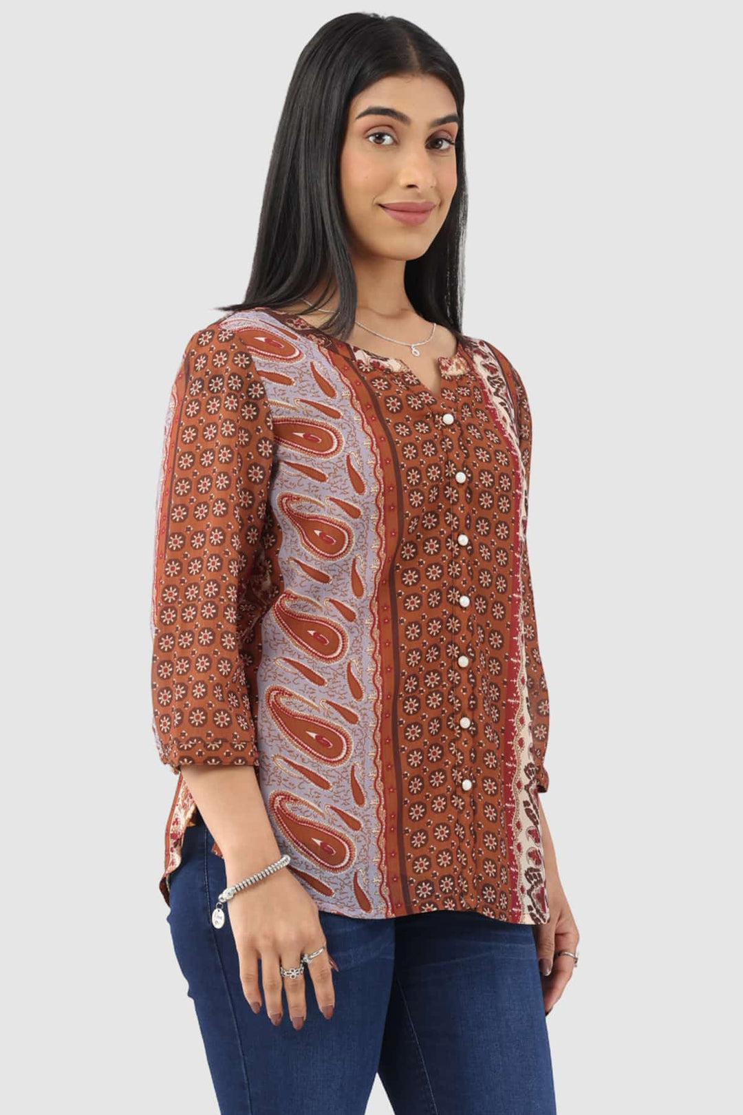 Brown Printed Chiffon Shirt
