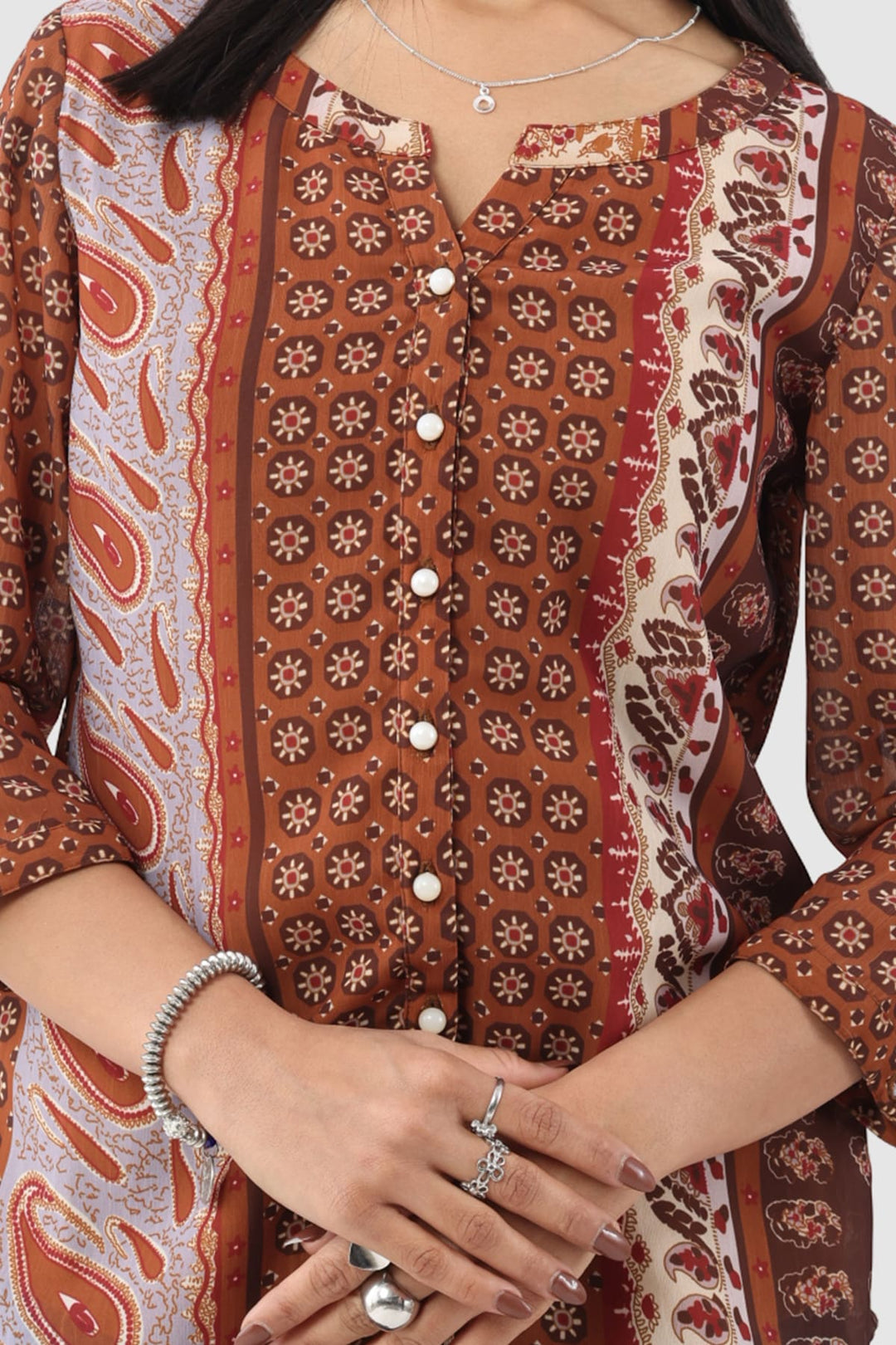Brown Printed Chiffon Shirt
