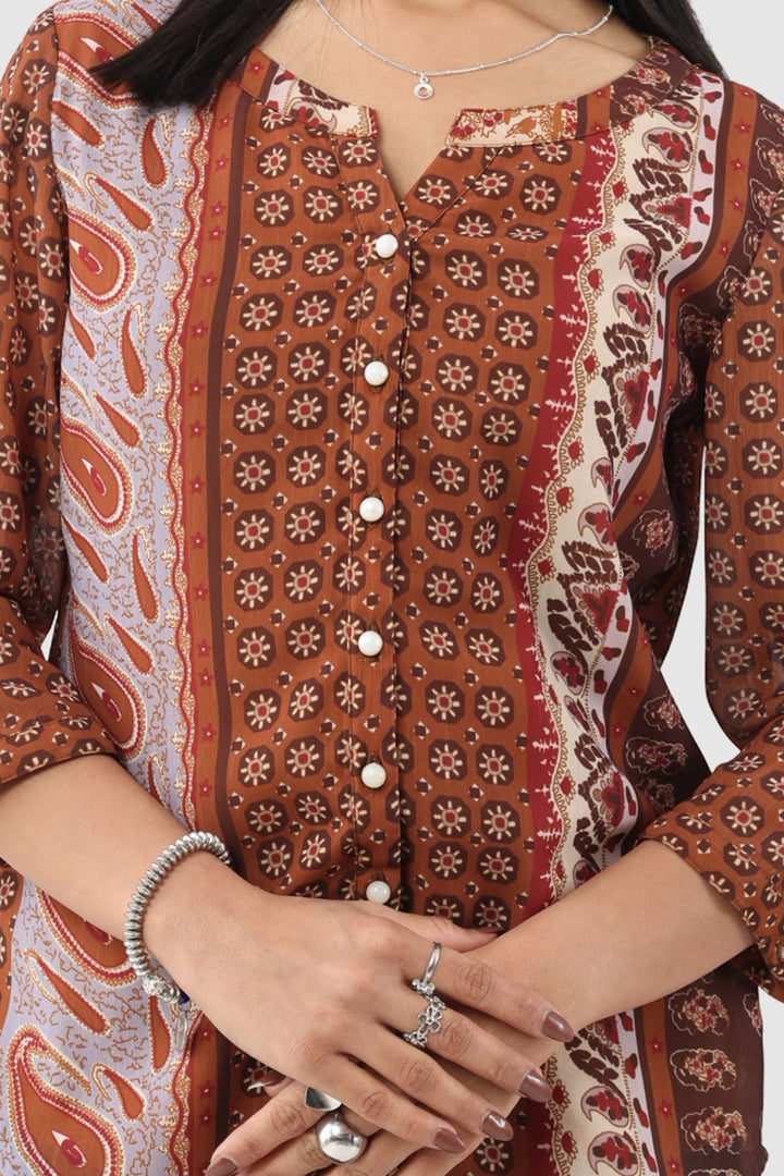 Brown Printed Chiffon Shirt