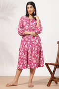 Pink Printed Rayon Crepe Dress with 3/4th Sleeves