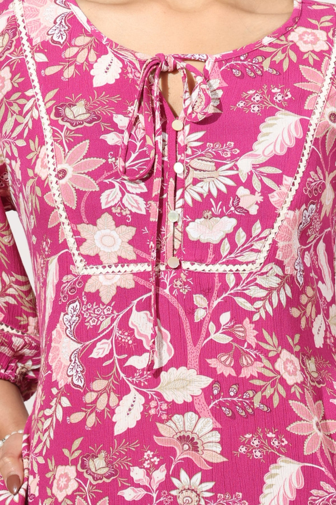 Pink Printed Rayon Crepe Dress with 3/4th Sleeves