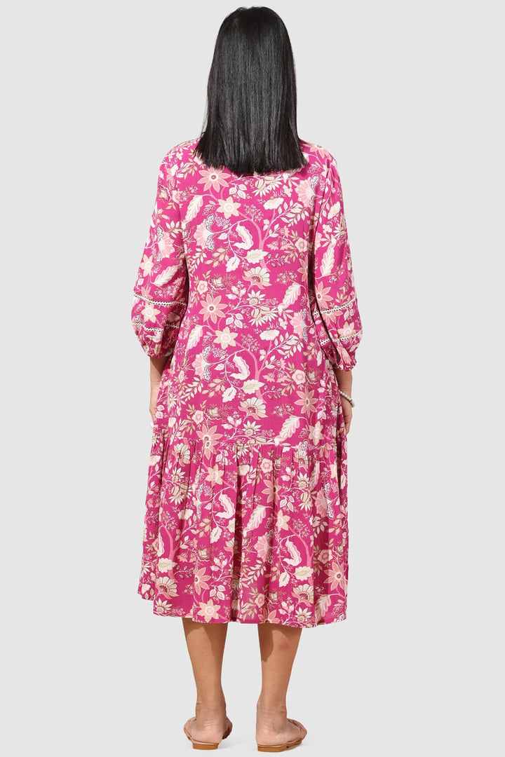 Pink Printed Rayon Crepe Dress with 3/4th Sleeves