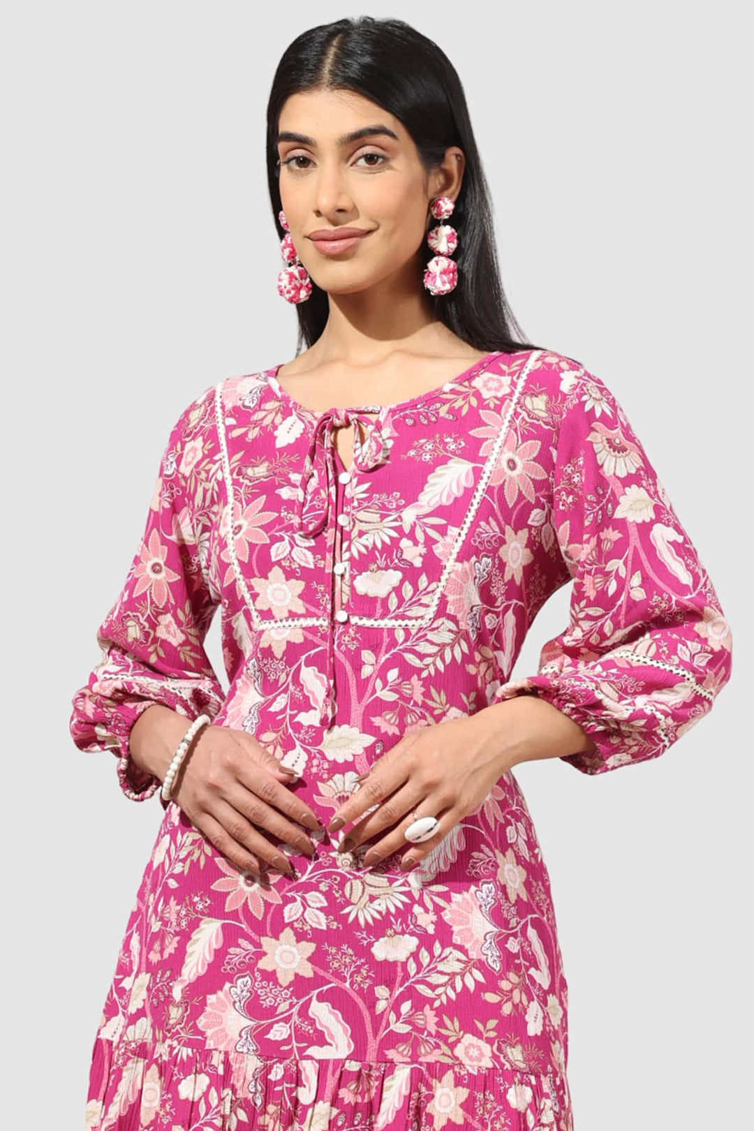 Pink Printed Rayon Crepe Dress with 3/4th Sleeves