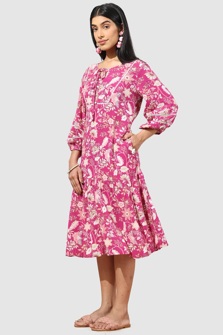 Pink Printed Rayon Crepe Dress with 3/4th Sleeves
