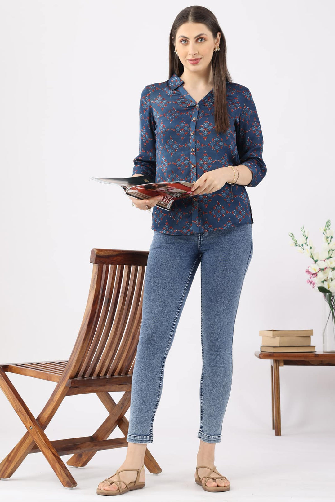 Blue Printed Shirt with Collared Neck