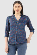 Blue Printed Shirt with Collared Neck