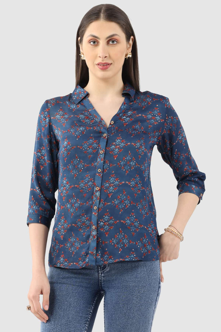 Blue Printed Shirt with Collared Neck
