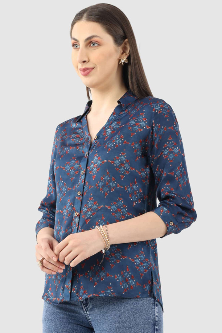 Blue Printed Shirt with Collared Neck