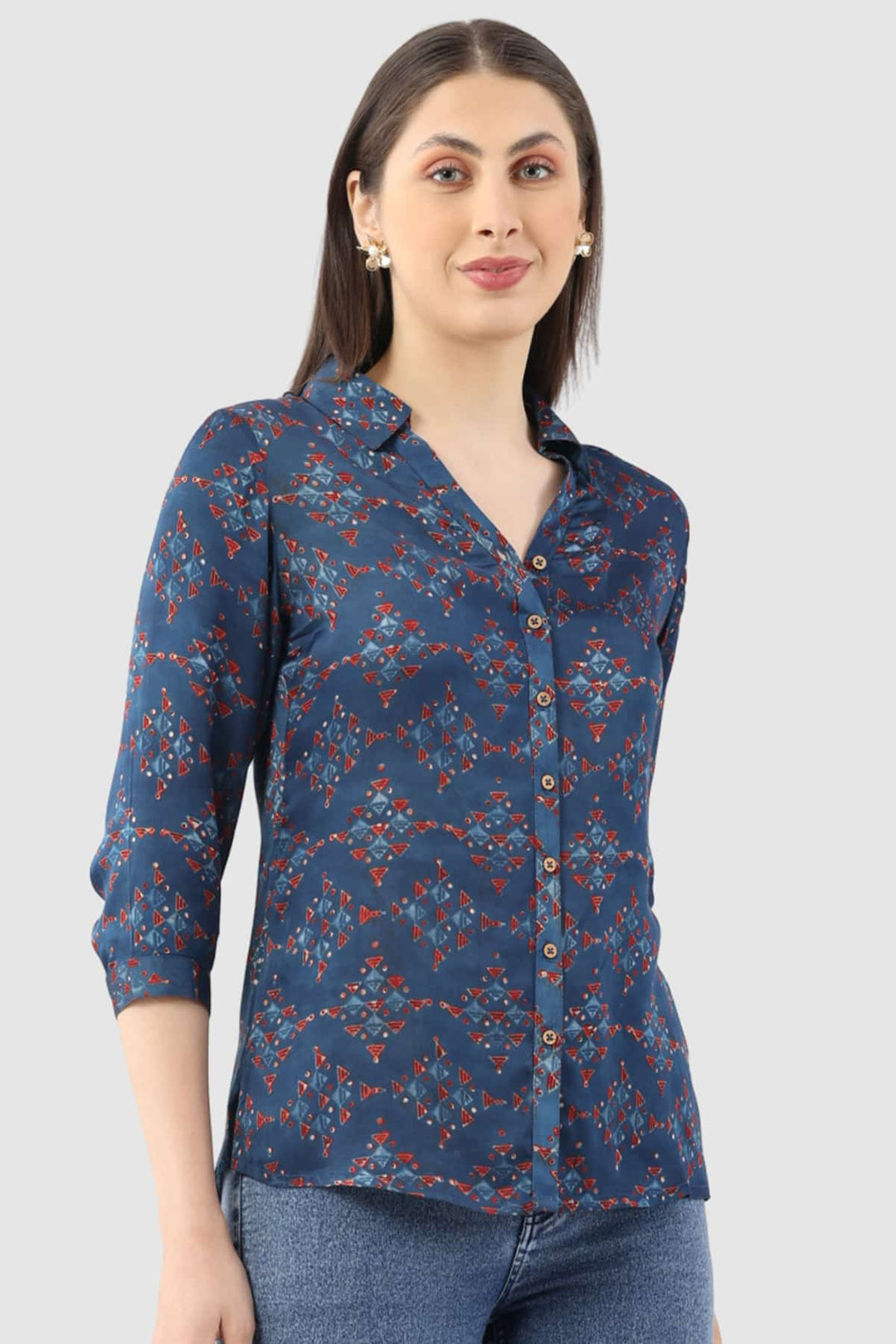 Blue Printed Shirt with Collared Neck