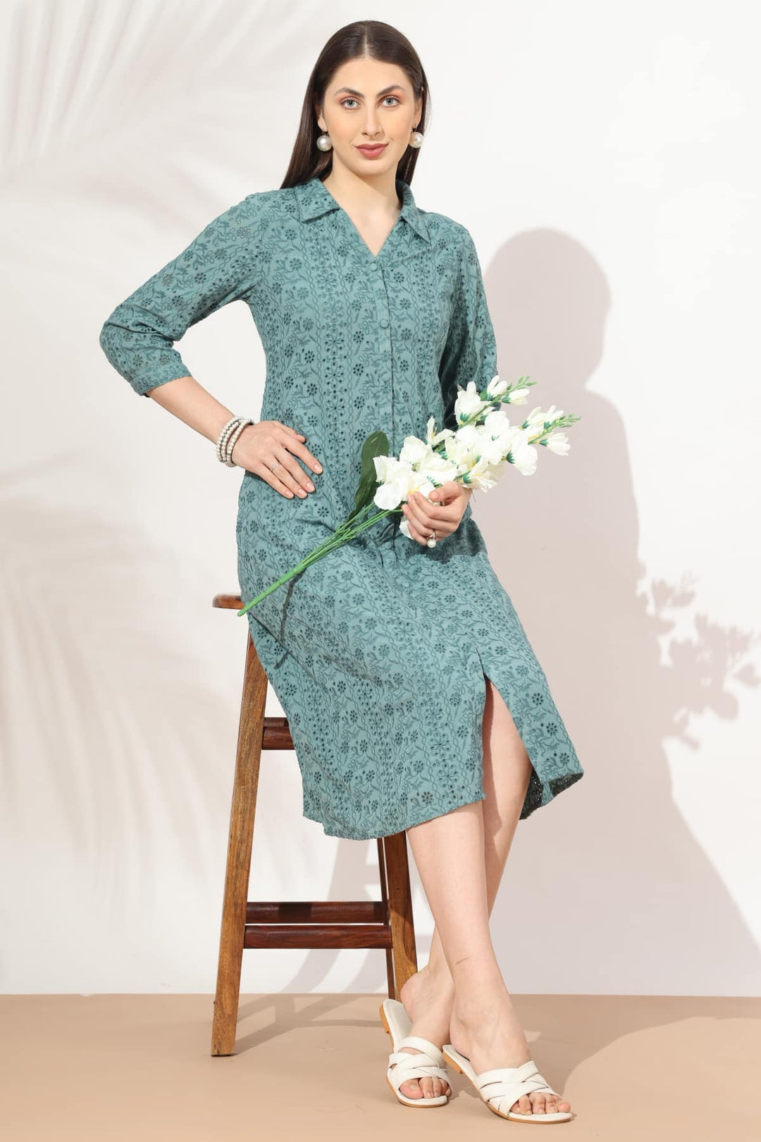 Green Schiffli Collared Dress