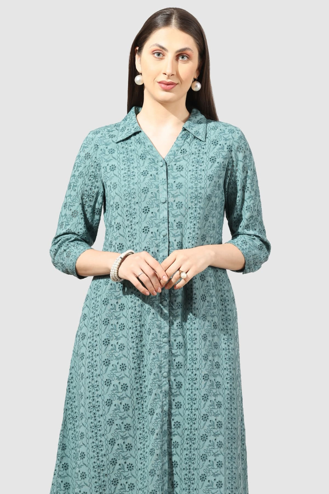 Green Schiffli Collared Dress