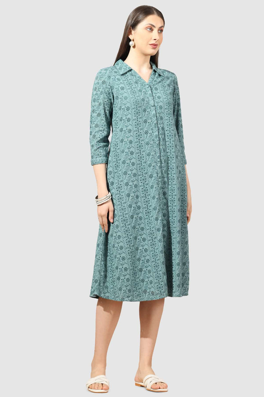 Green Schiffli Collared Dress