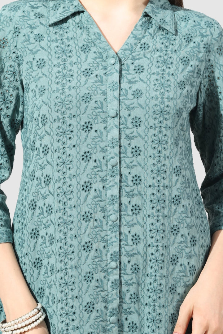 Green Schiffli Collared Dress