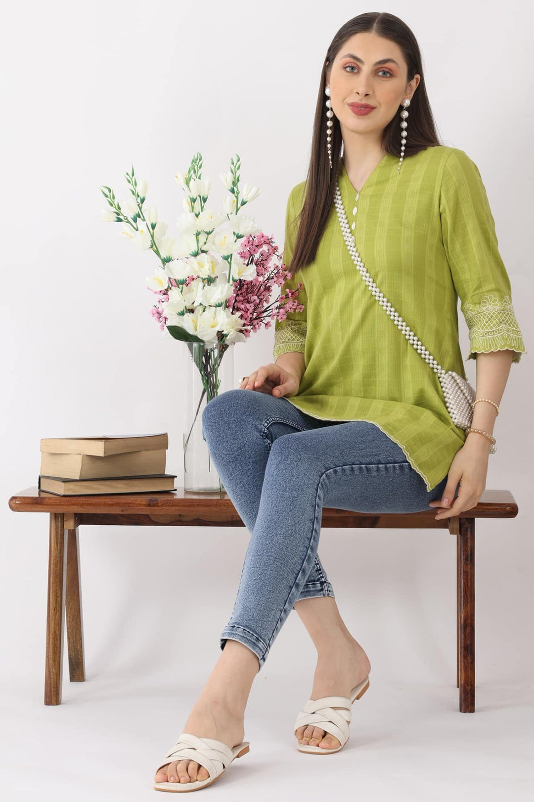 Lime Green Cotton Slub Dobby Tunic with Mandarin Collar