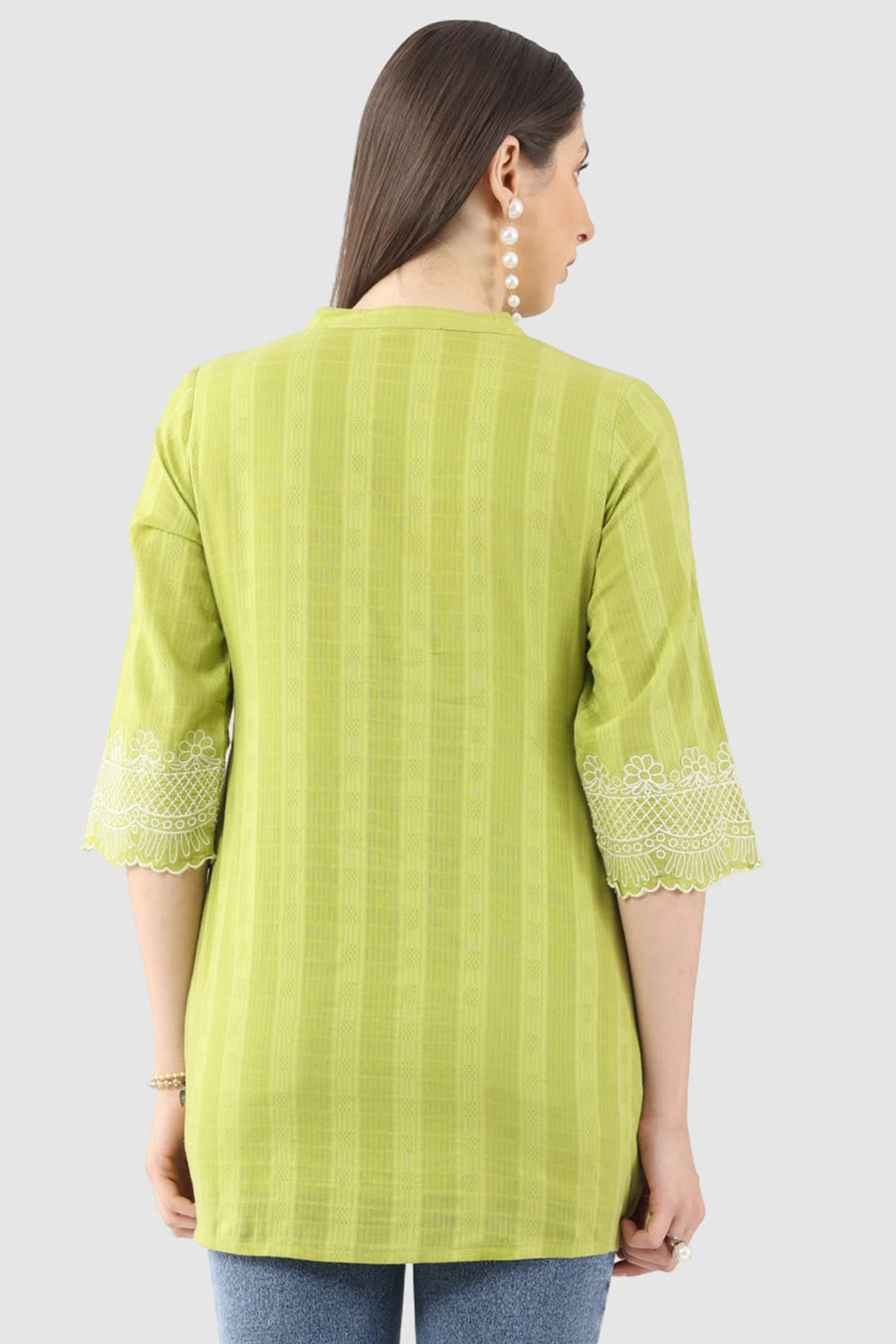 Lime Green Cotton Slub Dobby Tunic with Mandarin Collar