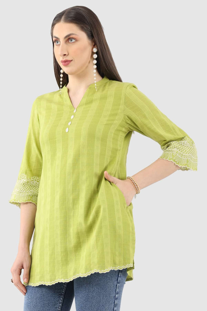 Lime Green Cotton Slub Dobby Tunic with Mandarin Collar