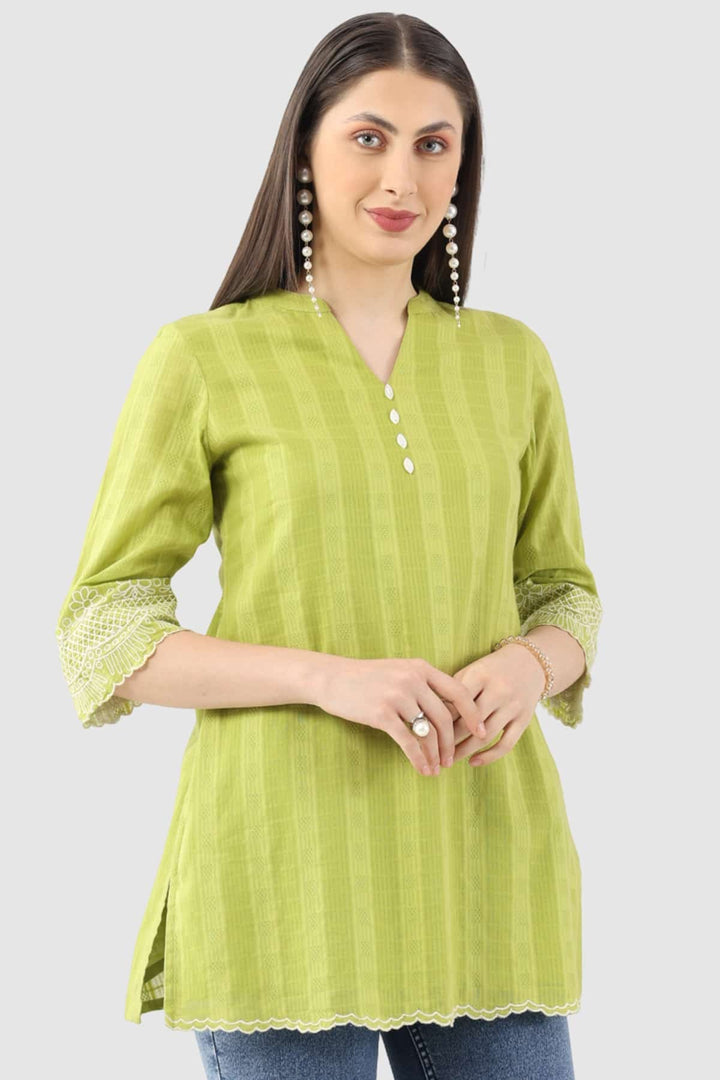 Lime Green Cotton Slub Dobby Tunic with Mandarin Collar