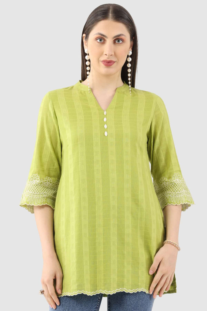 Lime Green Cotton Slub Dobby Tunic with Mandarin Collar