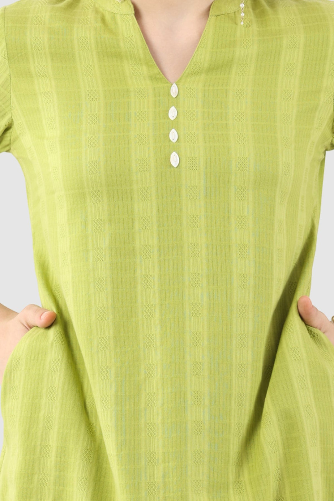 Lime Green Cotton Slub Dobby Tunic with Mandarin Collar