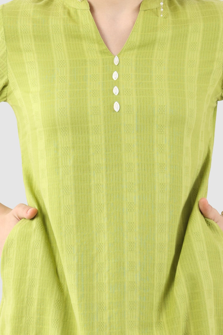 Lime Green Cotton Slub Dobby Tunic with Mandarin Collar