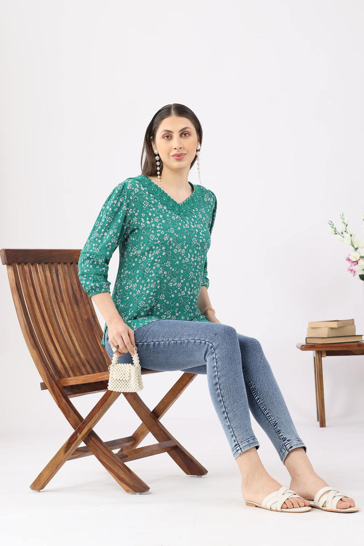 Green Printed Rayon Crepe Top with V-Neck