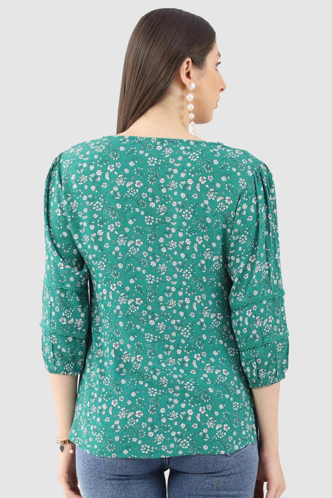 Green Printed Rayon Crepe Top with V-Neck