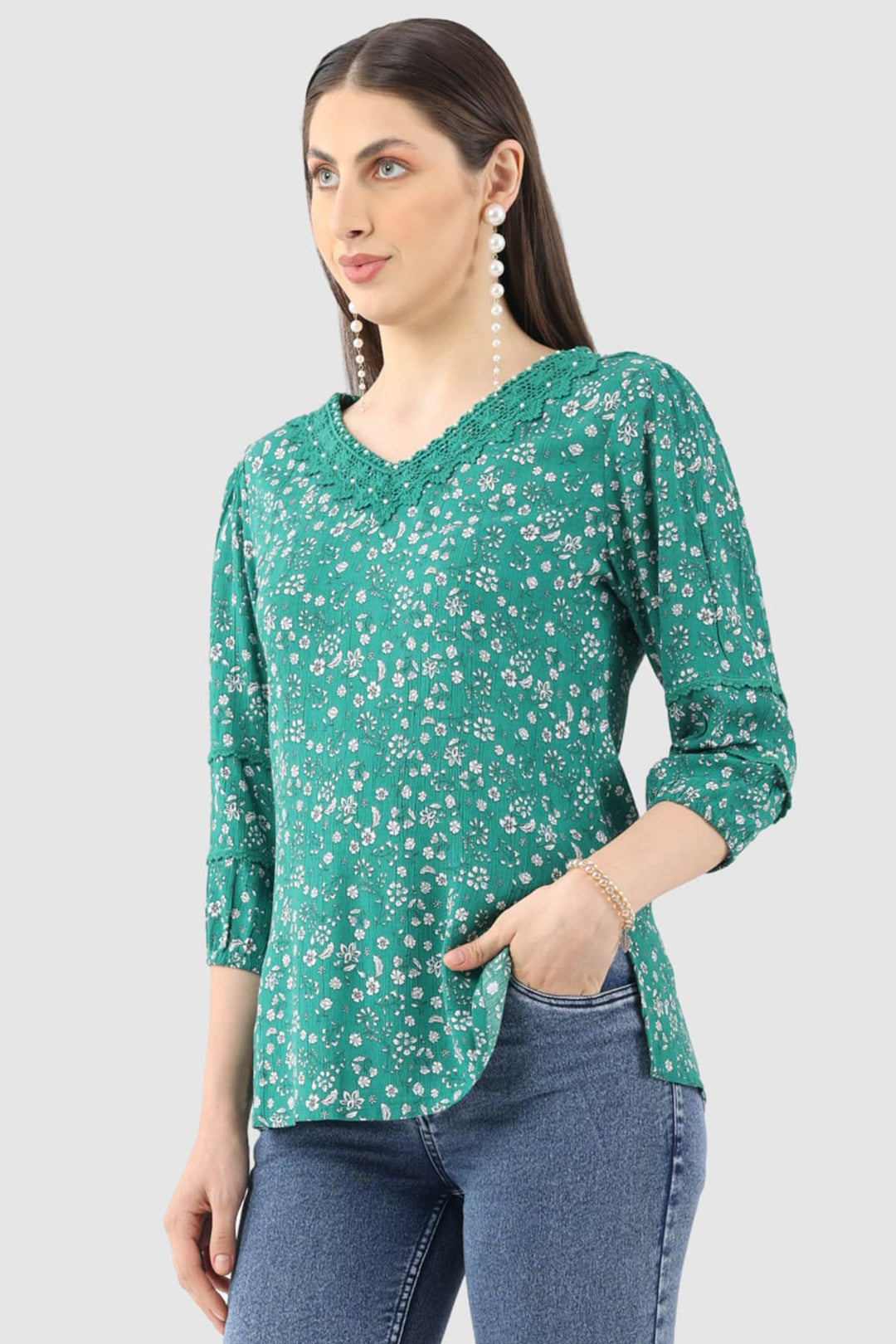Green Printed Rayon Crepe Top with V-Neck