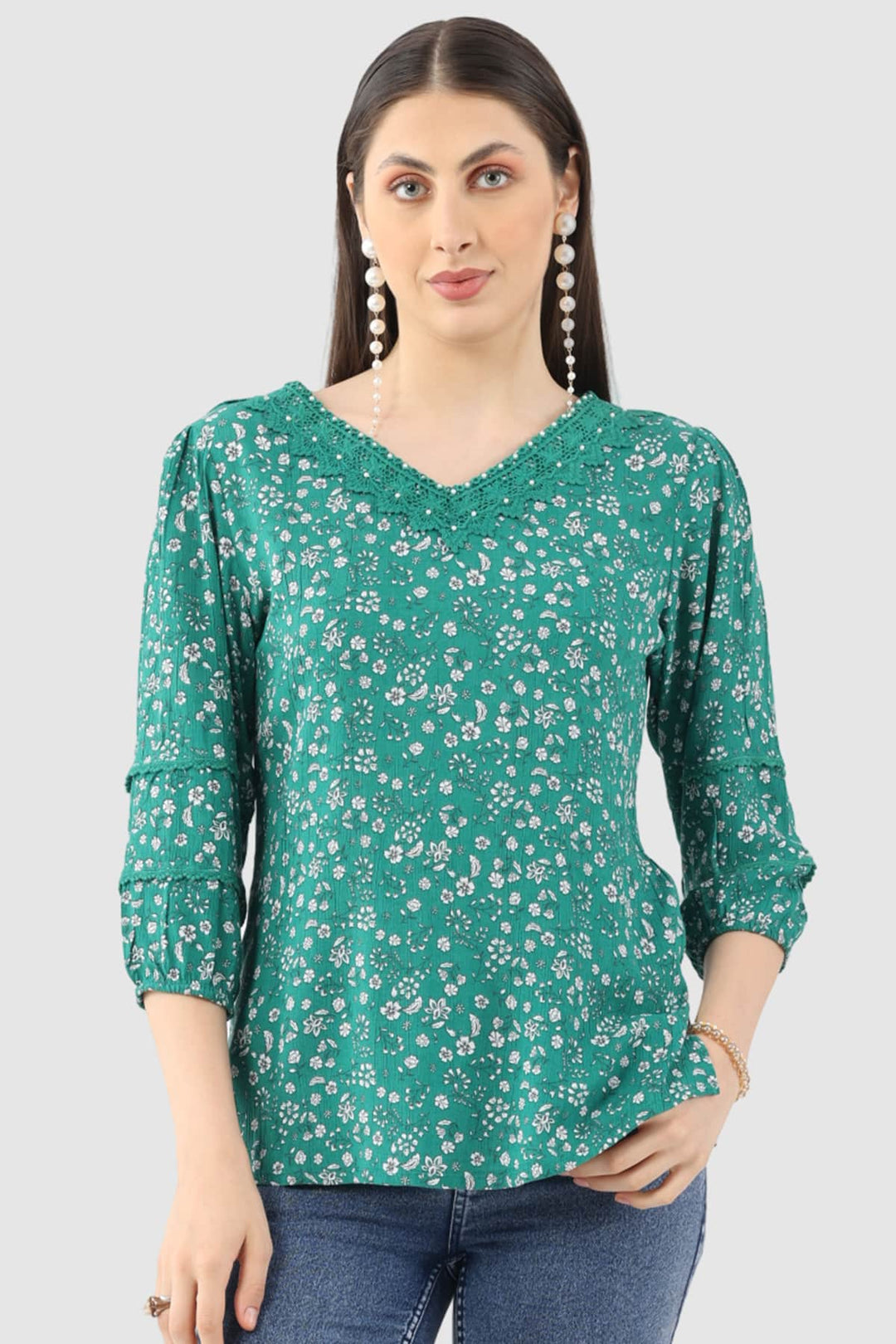 Green Printed Rayon Crepe Top with V-Neck