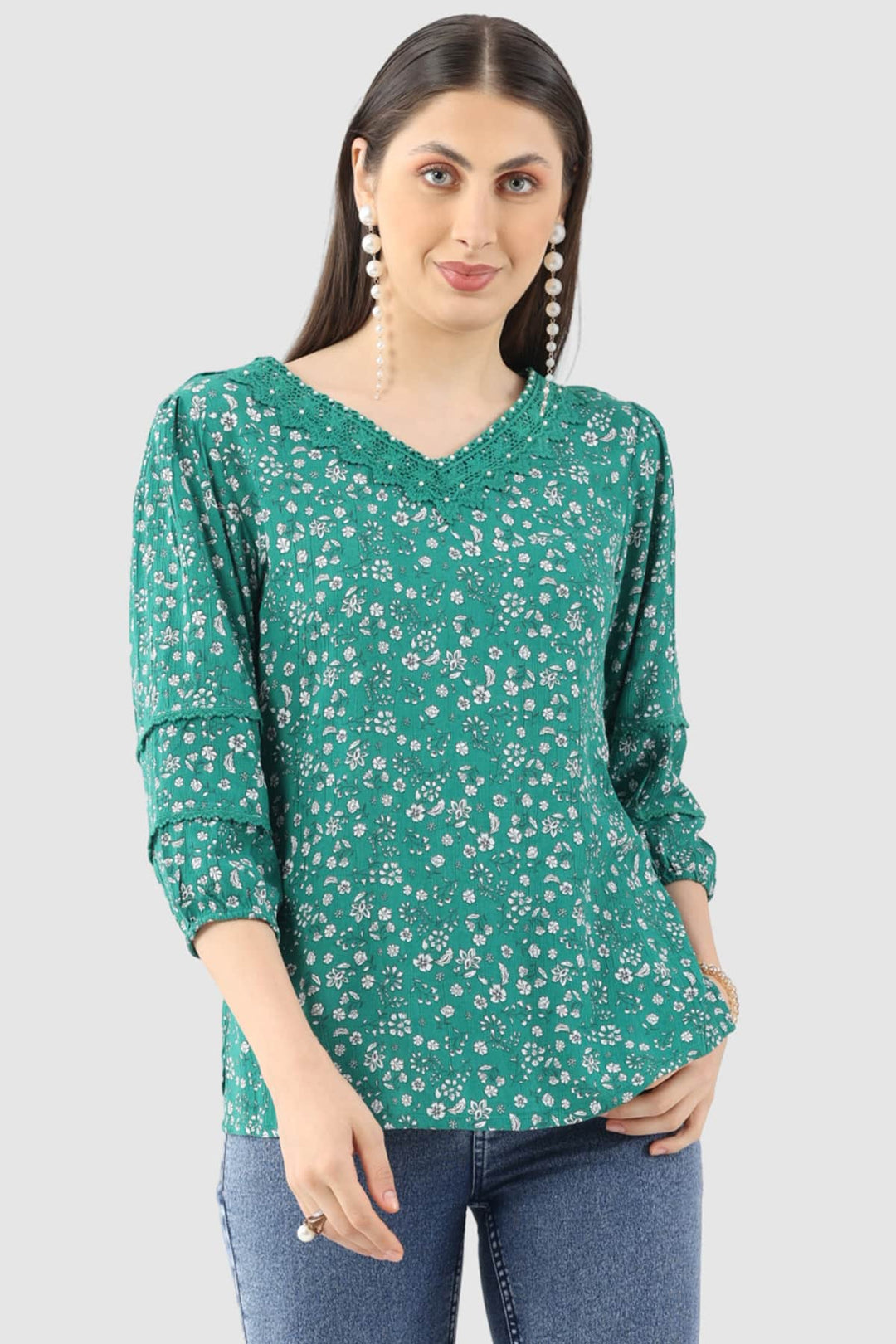 Green Printed Rayon Crepe Top with V-Neck