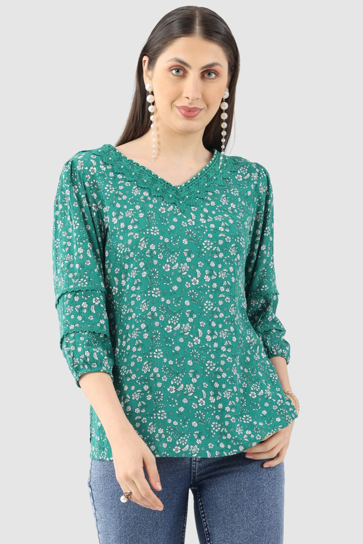 Green Printed Rayon Crepe Top with V-Neck