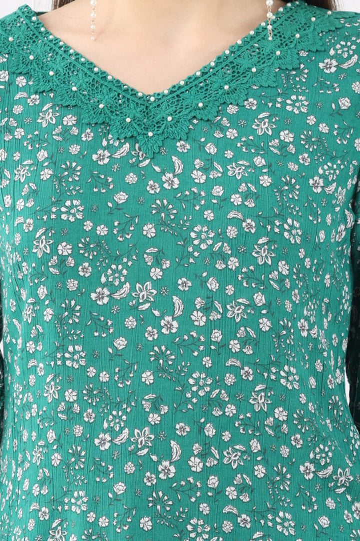 Green Printed Rayon Crepe Top with V-Neck