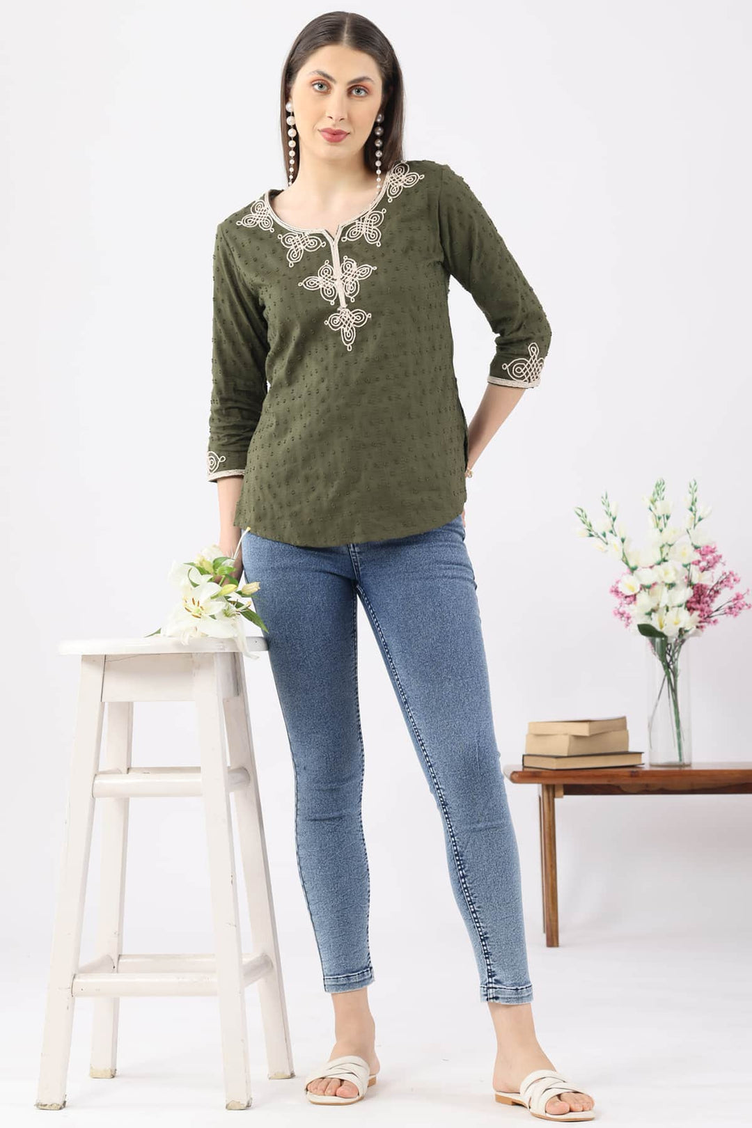 Olive Green Embroidered Rayon Dobby Top